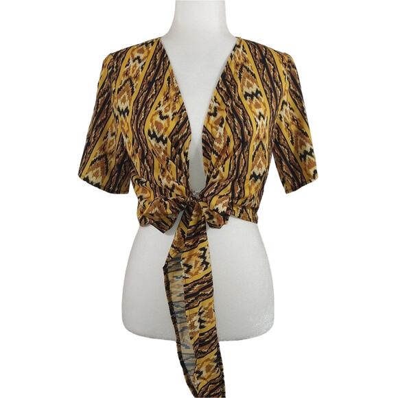 W Southwest Aztec Western Yellow Brown Front Tie CropTop Shirt NWT S Wrap VNeck - Picture 1 of 8